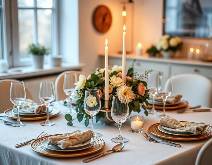 Festligt dækket bord med blomster og lys